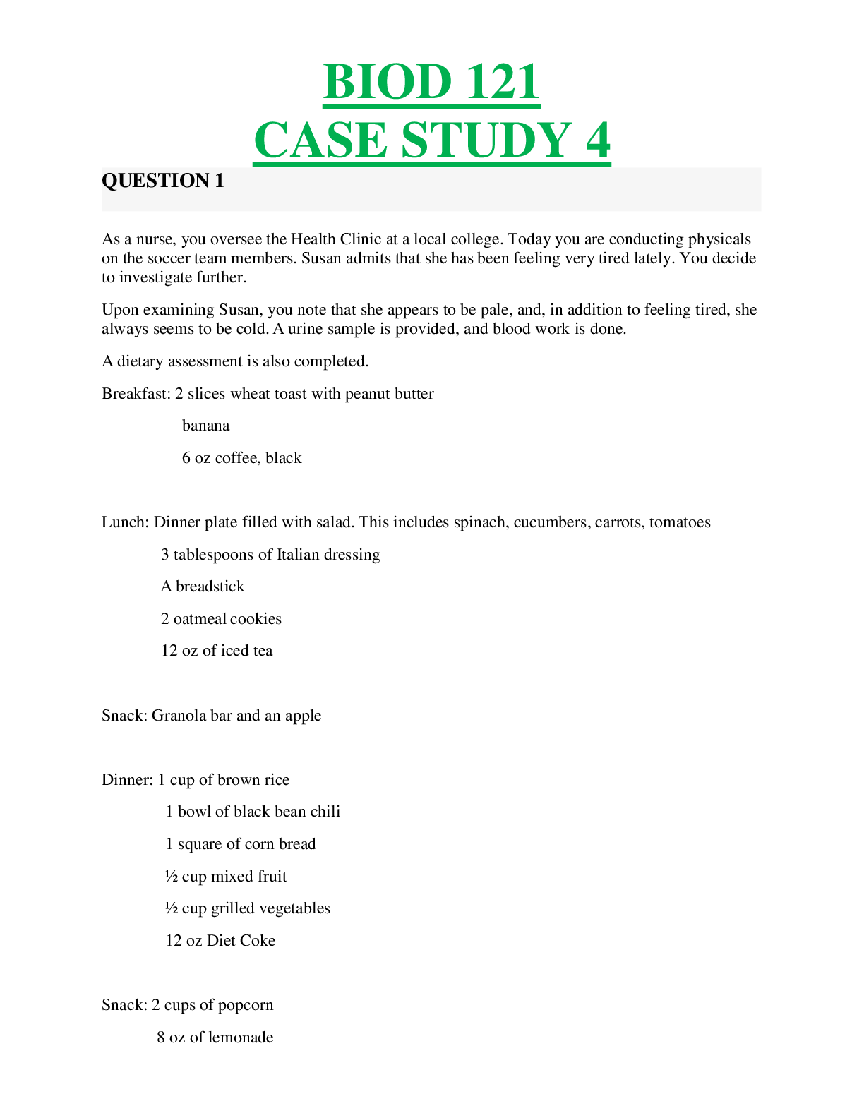Preview image for PORTAGE ELEARNING BIOD 121 NUTRITION CASE STUDY 4 QUESTIONS AND ANSWERS.